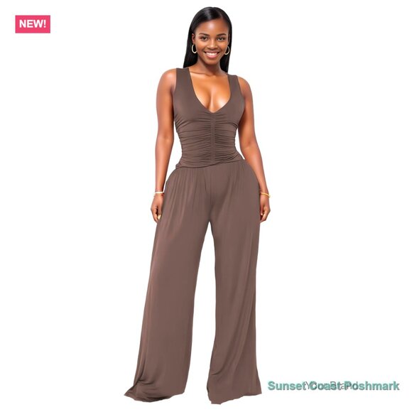 Polyester Wide Leg Jumpsuit Sleeveless V-Neck Drape Waist